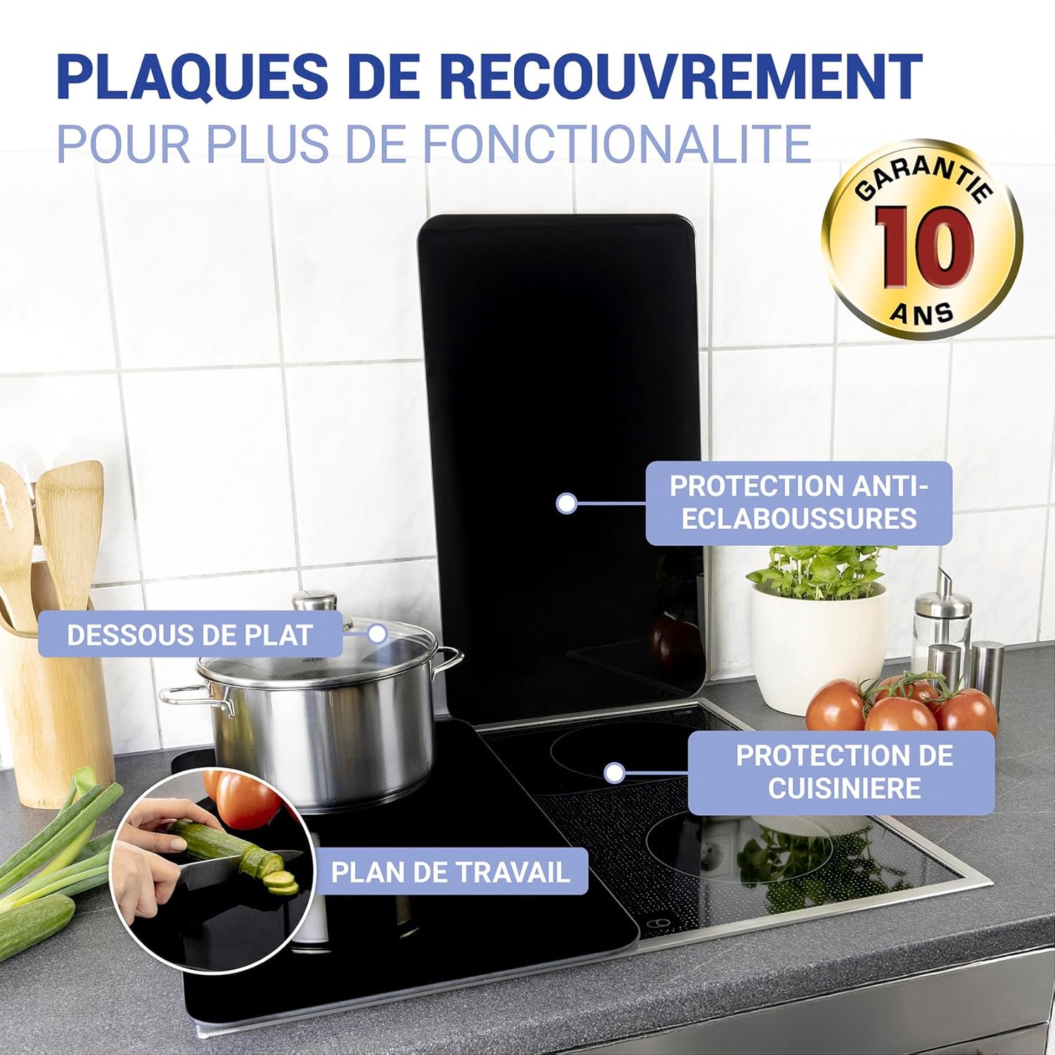 WENKO Plaque de Recouvrement Universelle Mod - Noir, réglable en hauteur pour tout type de cuisinière, planche à découper et protection anti-éclaboussures, verre, 30 x 52 cm, 2 pièces