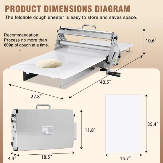 Laminoir Patisserie Pate Feuilletee 40cm Laminoir a Pate Pliable Manuel en Acier Inoxydable avec Planches de Laminage et Épaisseur Réglable de 2,5 à 25 mm pour Croissants, Pizza & Pâtes