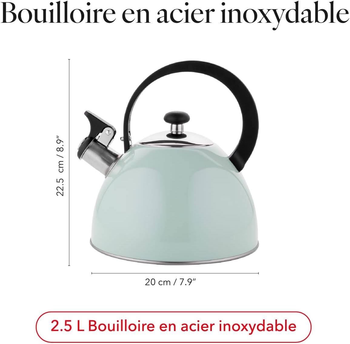 Bouilloire Inox (2,5 l) I Bouilloire Sifflante BRILLO I Poignée Résistante à la Chaleur I Bouilloire non Electrique I Bouilloire Induction, Gaz I Pour Thé et Café I Couleur: Menthe Brillo - Menthe