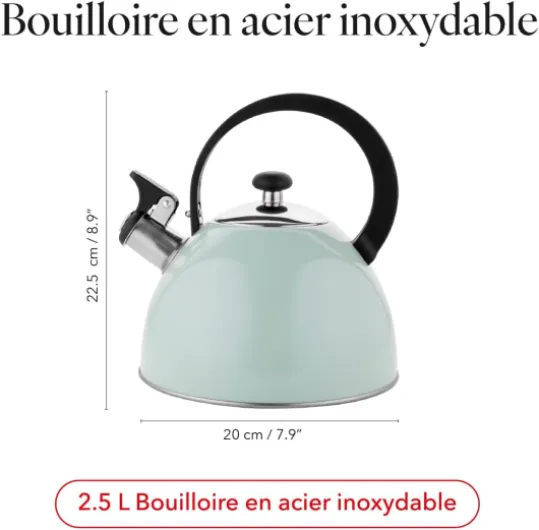 Bouilloire Inox (2,5 l) I Bouilloire Sifflante BRILLO I Poignée Résistante à la Chaleur I Bouilloire non Electrique I Bouilloire Induction, Gaz I Pour Thé et Café I Couleur: Menthe Brillo - Menthe