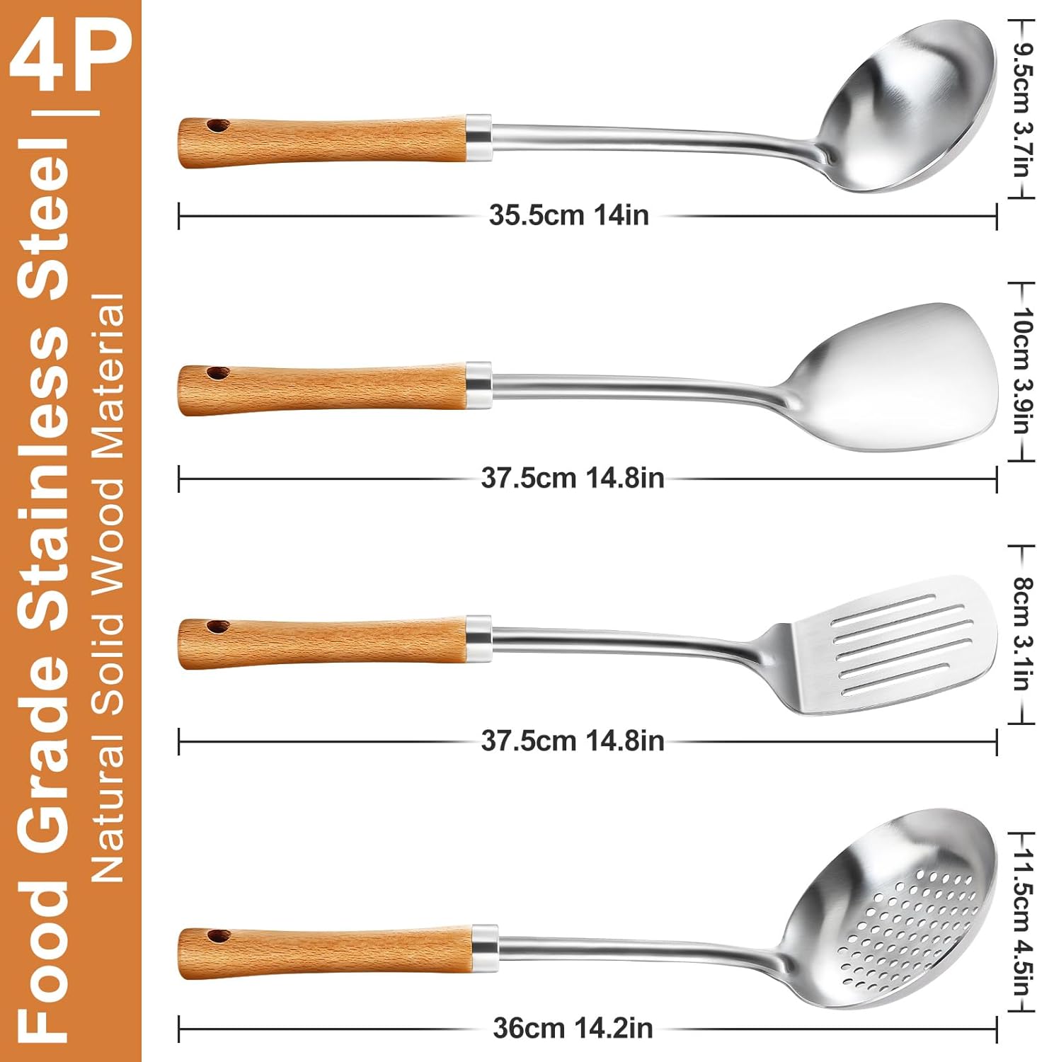 Ustensiles de Cuisine, 4 Pièces Ustensiles de Cuisine inox, set de spatules à manche en bois comprenant Louche, Écumoire, Spatule, retourneur à fentes 4P Ustensiles de cuisine à manche en bois