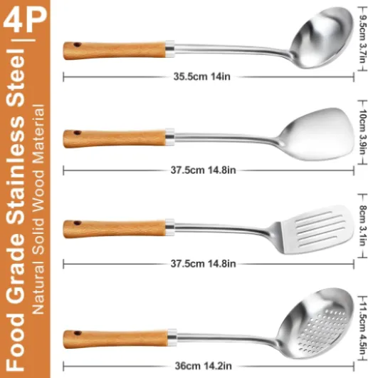 Ustensiles de Cuisine, 4 Pièces Ustensiles de Cuisine inox, set de spatules à manche en bois comprenant Louche, Écumoire, Spatule, retourneur à fentes 4P Ustensiles de cuisine à manche en bois