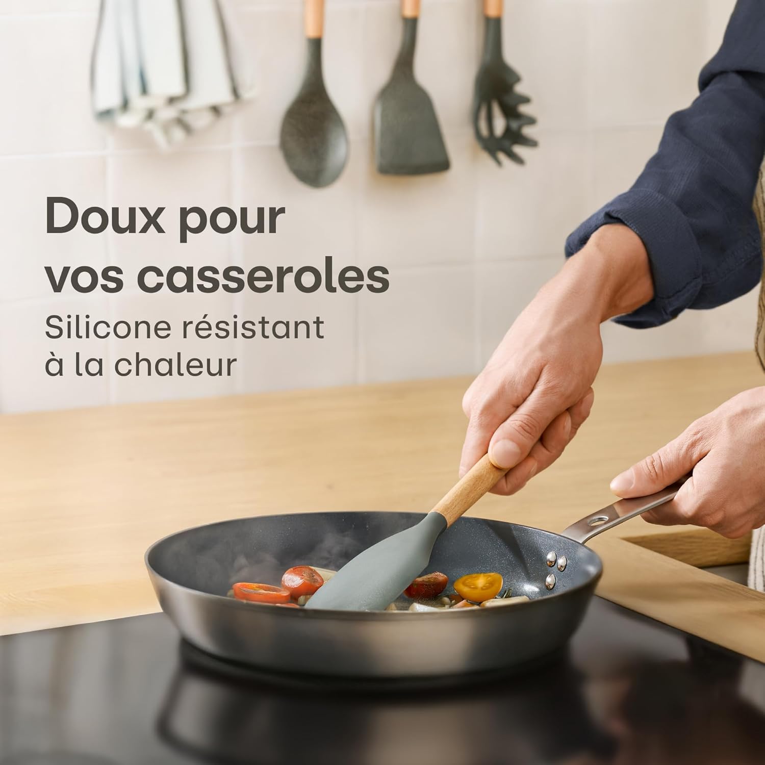 Ustensiles de Cuisine en Silicone Gris- 8 pcs Accessoire Cuisine en Bois & Silicone Résistant à la Chaleur - Certifié par la FDA - Sécurité Alimentaire - Avec Boucle D'accroche