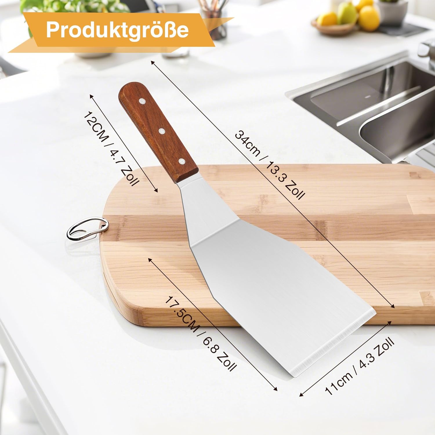 Grande spatule en inox avec manche en bois, 34x11 cm, résistante à la chaleur, Spatule métallique durable pour la cuisine, le barbecue, la crêpe et la pizza, Argent
