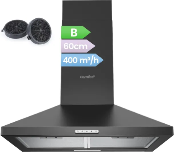 ' PYRA17B-60 Hotte aspirante noire 60 cm avec LED, système de recirculation et canalisation et filtres à charbon [Classe d'efficacité énergétique B] PYRA17B-60 60 cm 400 m³/h