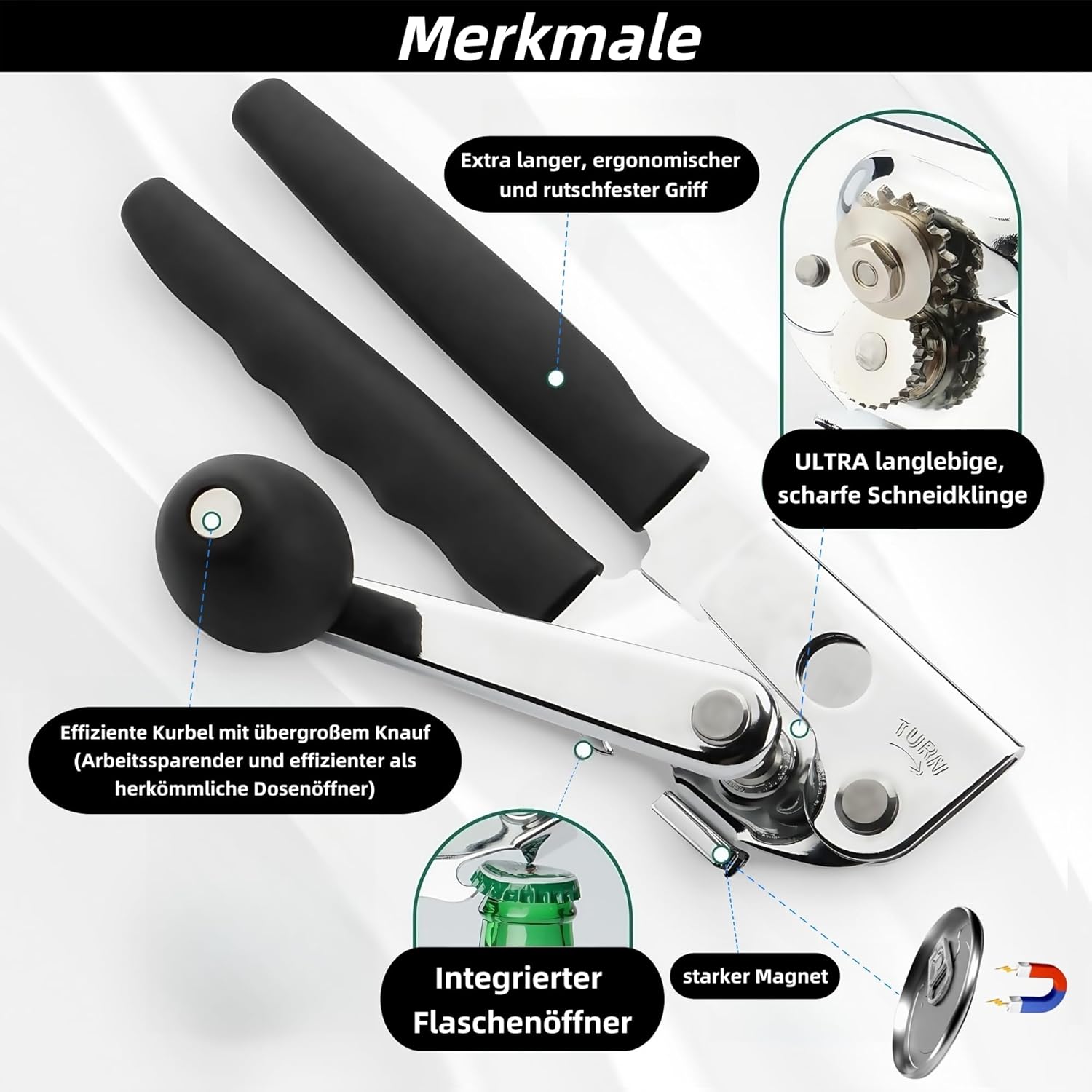 Ouvre-boîte professionnel en acier inoxydable avec manche confortable, utilisation manuelle, bord lisse, pour les personnes âgées et la cuisine (Noir)