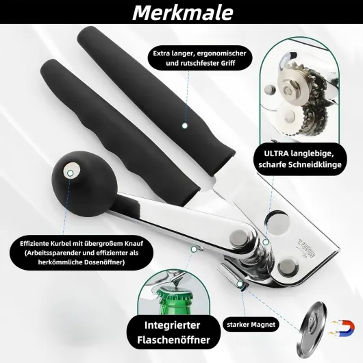 Ouvre-boîte professionnel en acier inoxydable avec manche confortable, utilisation manuelle, bord lisse, pour les personnes âgées et la cuisine (Noir)