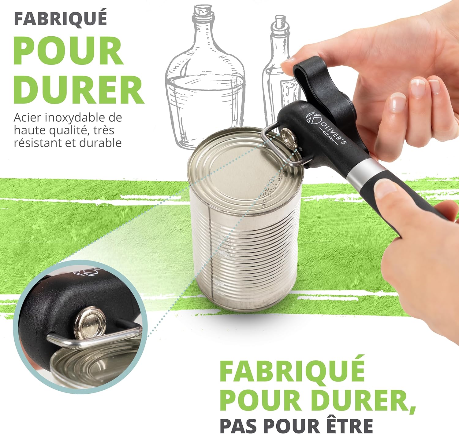 Oliver's Kitchen ® Ouvre Boite de Conserve - Ouvrez les Boîtes de Conserve Facilement - Sécurité avant tout en Laissant un Bord Lisse - Poignée Confortable Noir