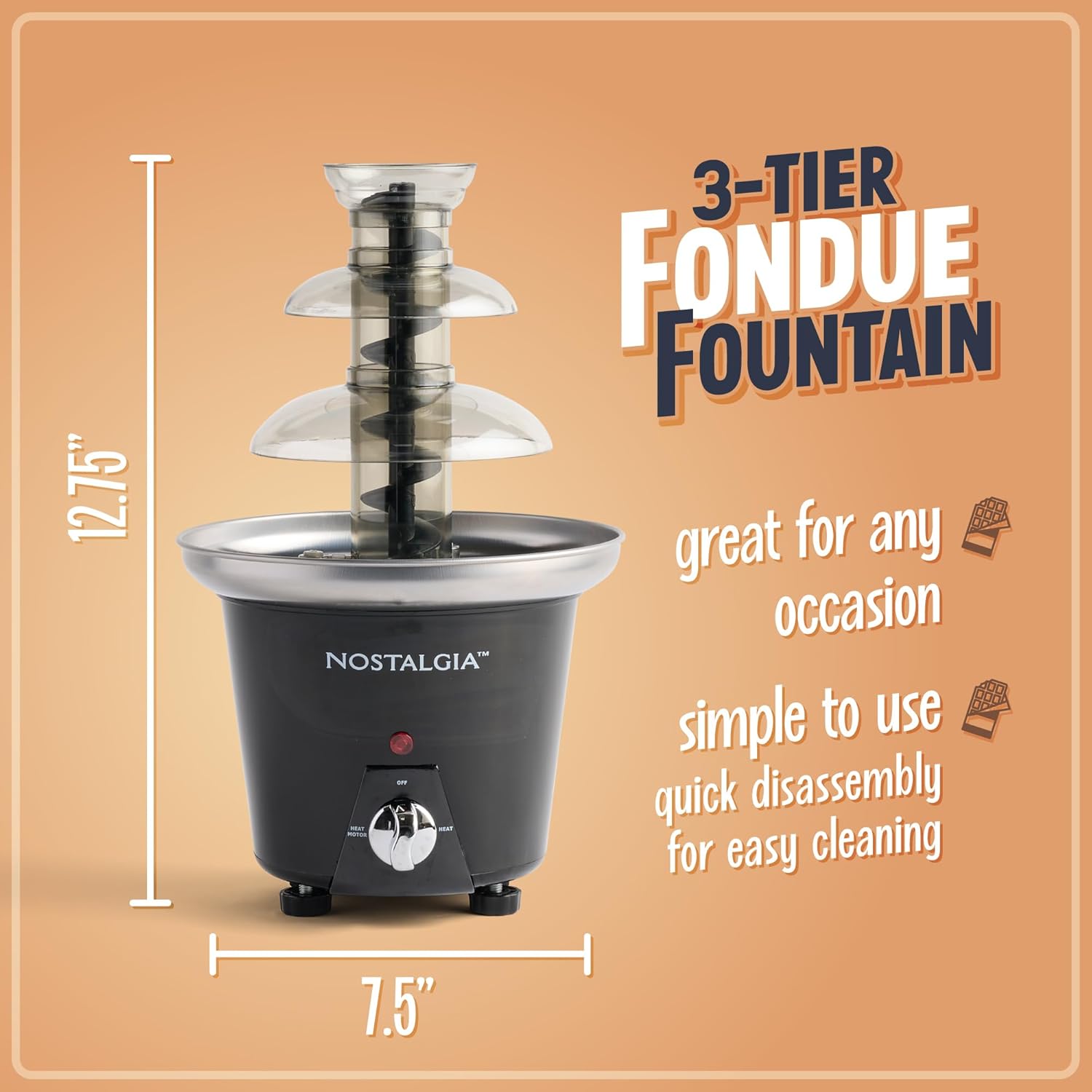 Fontaine à fondue au chocolat de 24 onces, capacité de 1,5 livre, facile à assembler à 3 niveaux, parfaite pour le fromage nacho, la sauce barbecue, le ranch, les liqueurs, noir