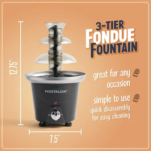 Fontaine à fondue au chocolat de 24 onces, capacité de 1,5 livre, facile à assembler à 3 niveaux, parfaite pour le fromage nacho, la sauce barbecue, le ranch, les liqueurs, noir