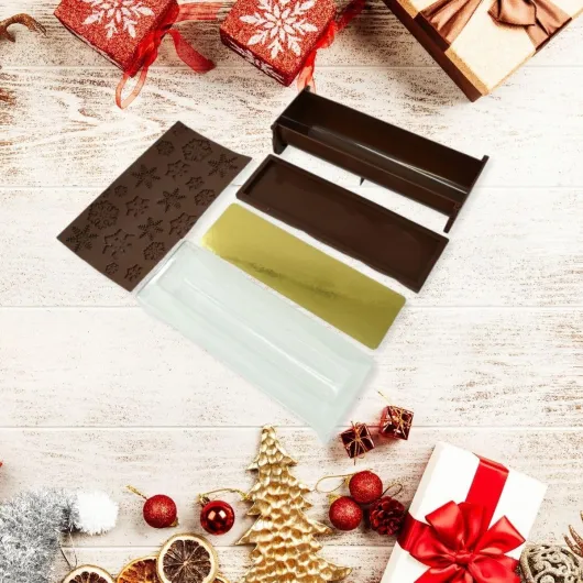 684286 Moule à bûche à Relief Flocons de Neige, Moule à bûche de Noël, Kit de réalisation de bûche de Noël, Plastique, Silicone, 30x8x6,5cm, Marron