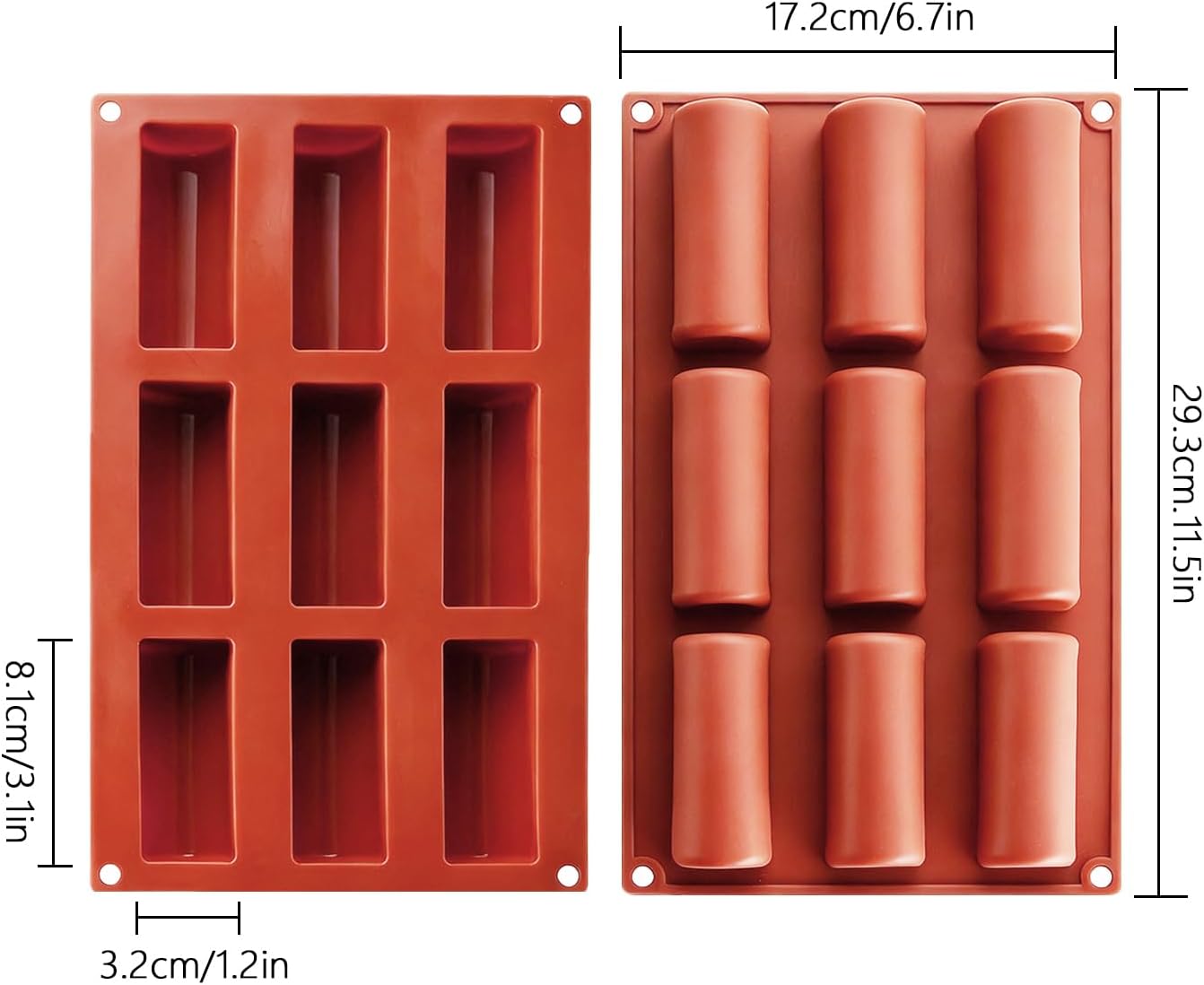 2 Pièces Moule à Gâteau Forme Bûche, 9 Cavités Moule Forme Gâteau Silicone, Moule à Pâtisserie à Rayures Longues pour Dessert à la Mousse à Cylindre (Rouge)