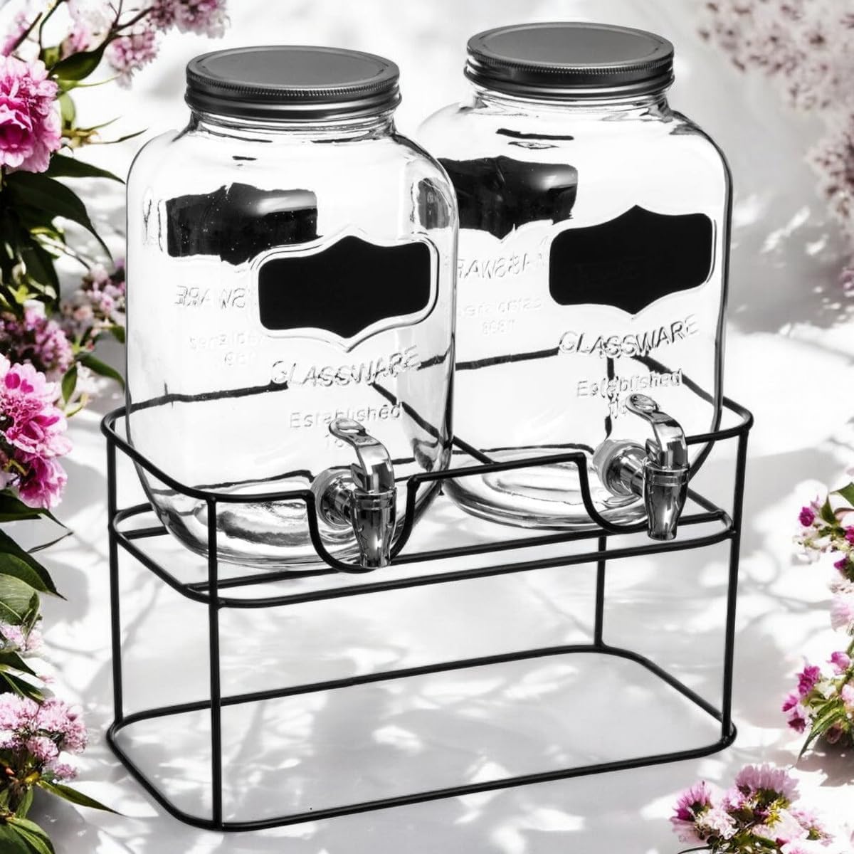 Distributeur Boisson Double avec Robinet 8 L (2x4L) - Fontaine à Eau et Cocktail - Bol à Punch - Jarre en Verre pour Limonades - Bonbonne - Bocal pour vos Fêtes et Anniversaires