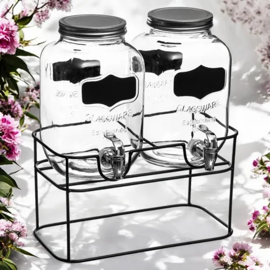 Distributeur Boisson Double avec Robinet 8 L (2x4L) - Fontaine à Eau et Cocktail - Bol à Punch - Jarre en Verre pour Limonades - Bonbonne - Bocal pour vos Fêtes et Anniversaires