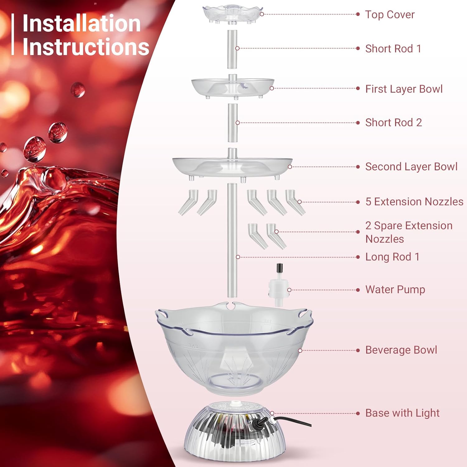Fontaine de Fête à Vin et Cocktail 3 Niveaux Transparente avec 5 Gobelets Réutilisables et Socle LED Lumineux, 3L pour Fêtes, Mariages, Anniversaires, Bars, Jeux à Boire