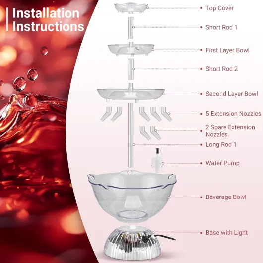 Fontaine de Fête à Vin et Cocktail 3 Niveaux Transparente avec 5 Gobelets Réutilisables et Socle LED Lumineux, 3L pour Fêtes, Mariages, Anniversaires, Bars, Jeux à Boire