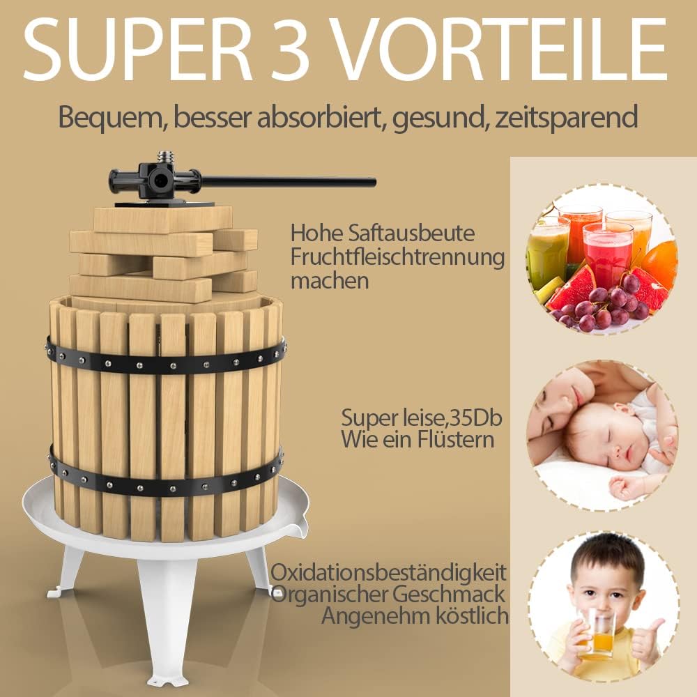 SQUEEZE master 12L Presse à fruits Presse à pommes Presse à fruits avec panier en bois pour jus naturel fait maison, raisin, baie, pomme, presse à fruits Pressoir à vin avec filet de presse gratuit 12 Liter