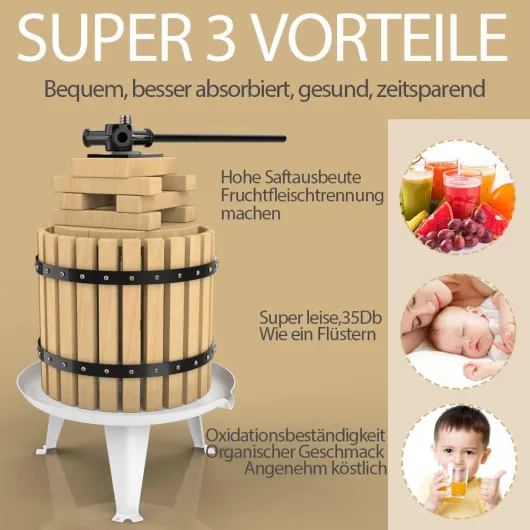 SQUEEZE master 12L Presse à fruits Presse à pommes Presse à fruits avec panier en bois pour jus naturel fait maison, raisin, baie, pomme, presse à fruits Pressoir à vin avec filet de presse gratuit 12 Liter
