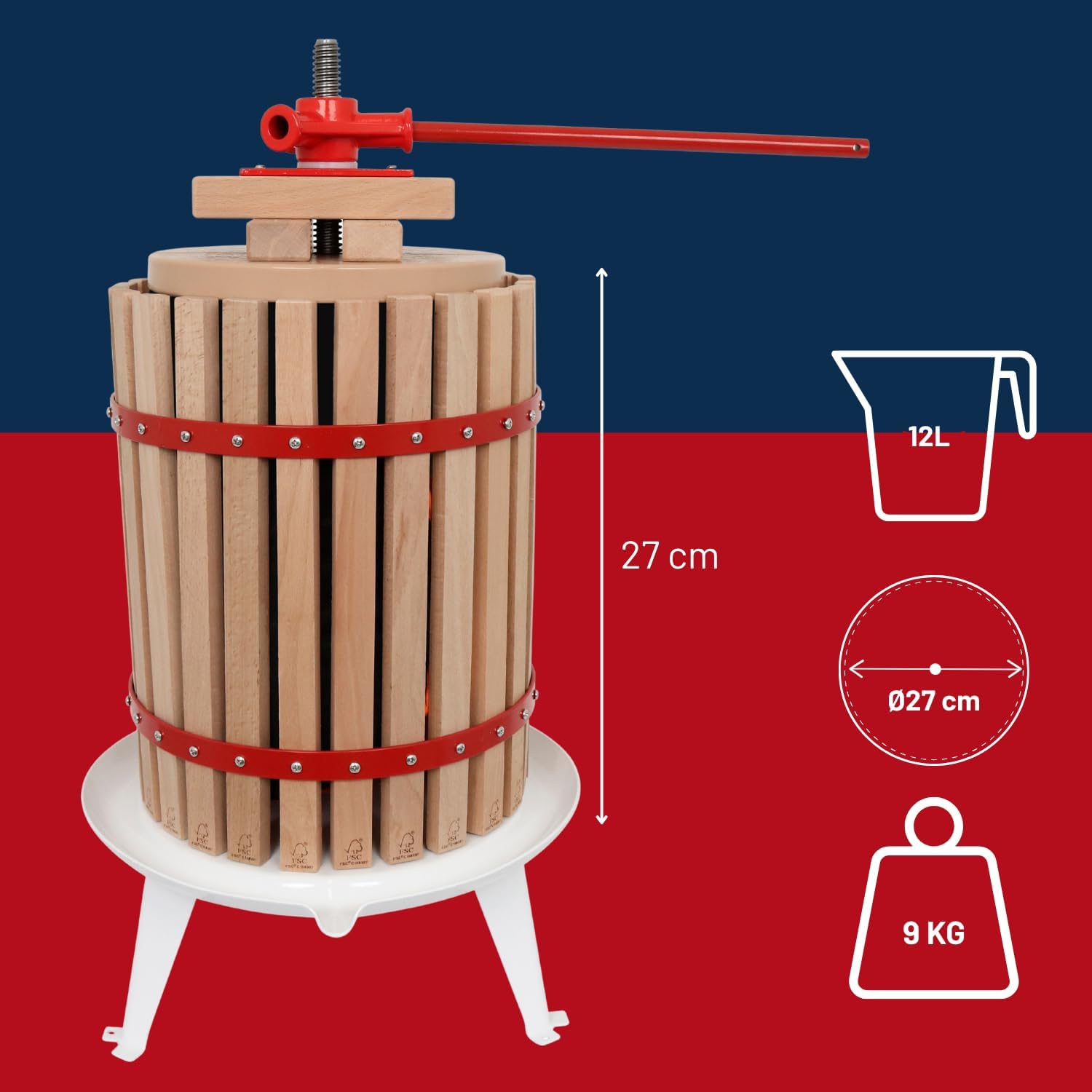 HOME It® Pressoir à fruits 12L en bois de chêne – Presse manuelle avec sac à jus – Extraction naturelle pour pommes, poires, fruits rouges – Certifié FSC et LFGB Presse à fruits en bois 12L