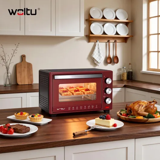 Mini Four 28 L, 1600 W, 100-230°C, Minuterie 0-60 min, 3 Modes de Cuisine, Plaque de Cuisson, Grille, Lèchefrite, pour Cuire Rôtir Décongeler Réchauffer, Noir+Rouge Rouge+noir