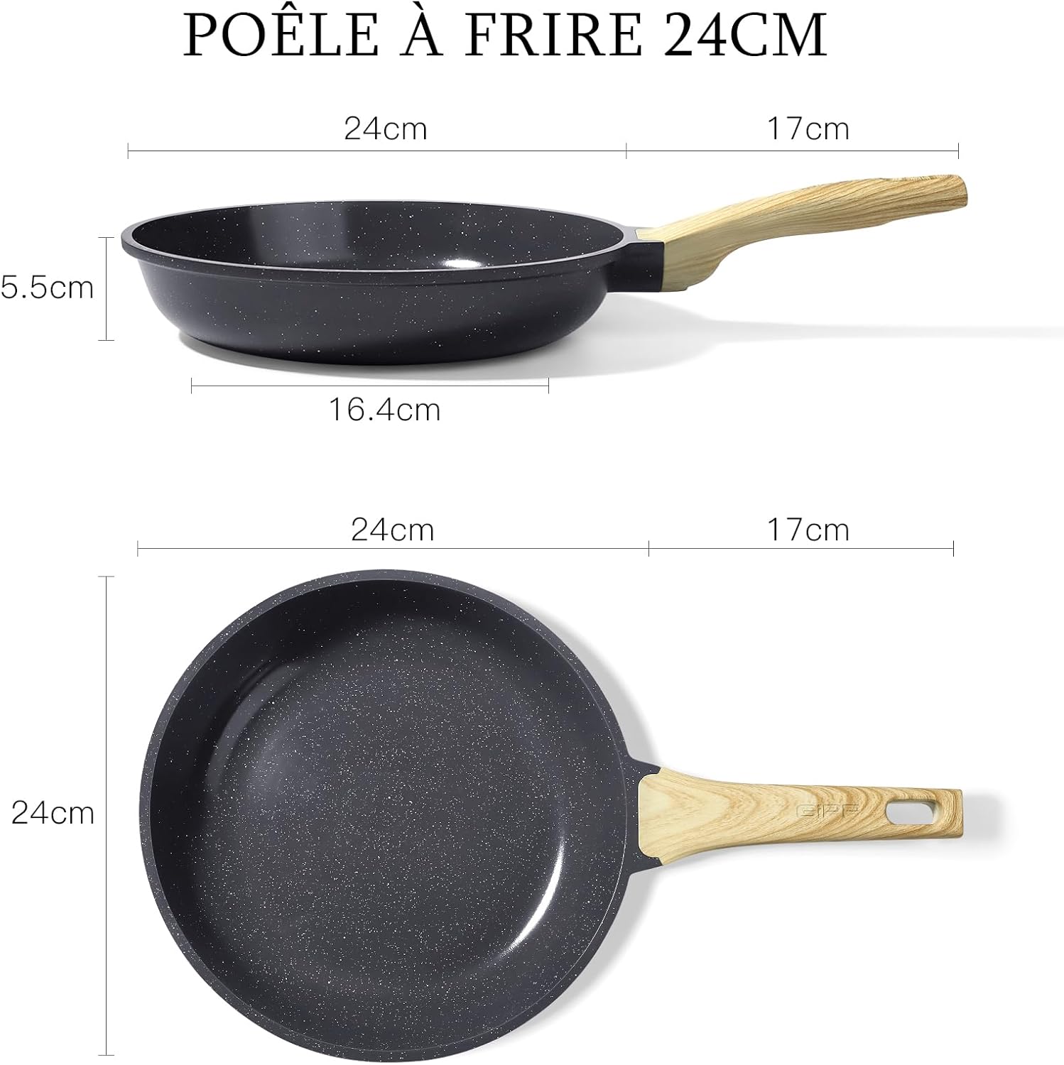 Poêle à Frire Antiadhésive en Granit – Poêle Saine et Non Toxique, Compatible Induction, Sans PFAS ni PFOA, Passe au Lave-Vaisselle, Manche Reste Froid(Gris,24cm) Gris 24cm