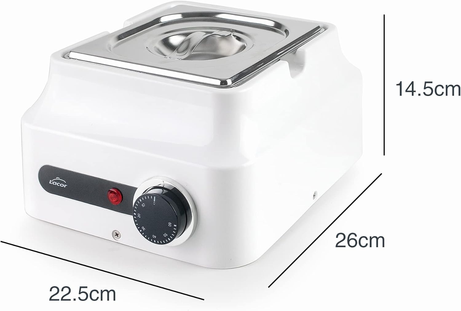 LACOR - 69617 - Chocolat En Acier Inoxydable Bain-marie 18/10, Pour Faire Fondre le Chocolat, Pâtisserie Idéale, Plastique ABS, Thermostat 0-60°C, Chauffage 3D, GN 1/6, 22,5 x 26 x 14,5 cm, Blanc 1,5