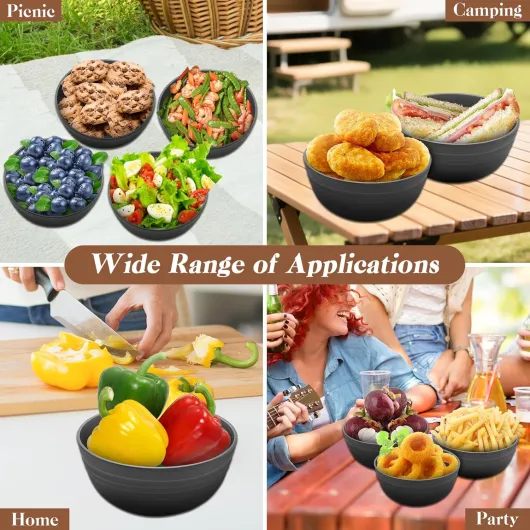 Bol à céréales, lot de 8 bols à salade, saladier à petit-déjeuner de grande capacité, sans bpa, léger et incassable, plastique grand bols pour soupe salade céréales fruits(noir)