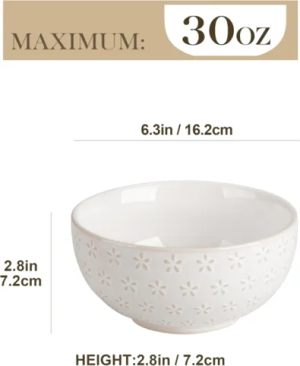 Bol Petit Dejeuner en Grès, 880ML Grand Bols à Céréales, Lot de 4 Bols à Soupe/Blanc Saladiers pour Dessert, Salade, Ramen, Riz, Fruits - Série LYDIA Blanc Bol Petit Dejeuner