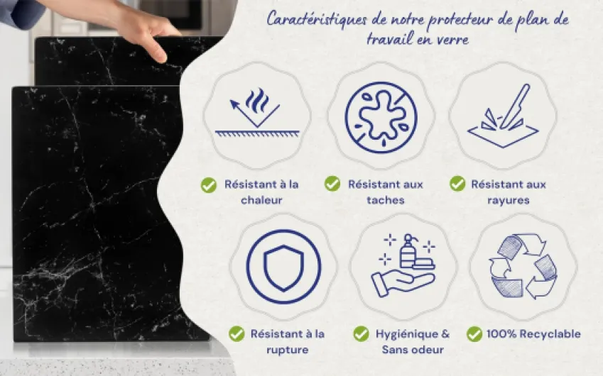 Planche à Découper 50×40cm en Verre Trempé – Plaque en Verre pour Cuisine, Durable, Résistante aux Rayures et à la Chaleur – Protection de Plan de Travail – Effet Marbre Noir Design 01 50L x 40l cm