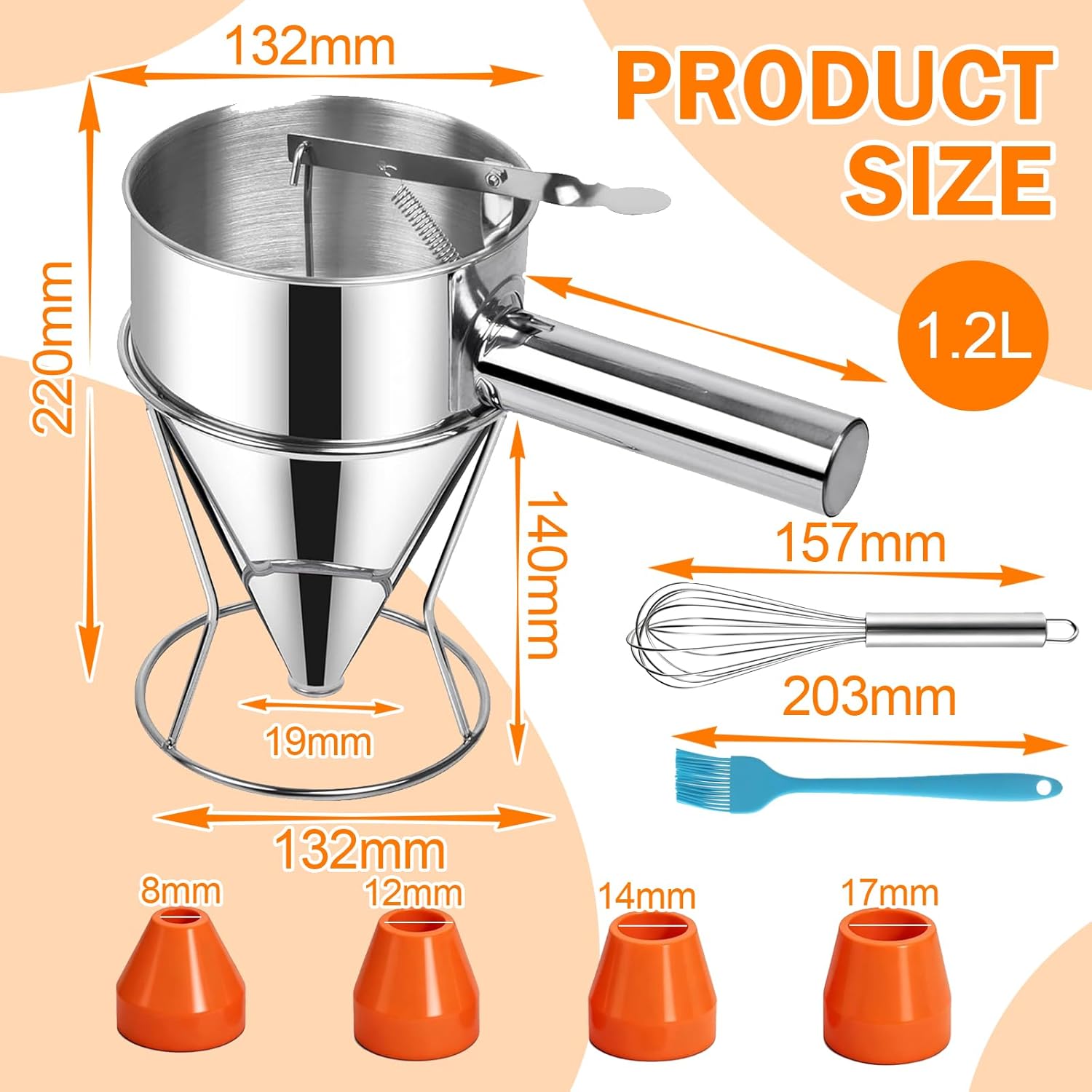 Entonnoir A Piston Distributeur de Pâte à Crêpes en Acier Inoxydable + Batteur D'oeufs + Brosse en Silicone pour Gâteaux Crêpes