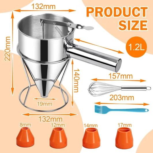 Entonnoir A Piston Distributeur de Pâte à Crêpes en Acier Inoxydable + Batteur D'oeufs + Brosse en Silicone pour Gâteaux Crêpes