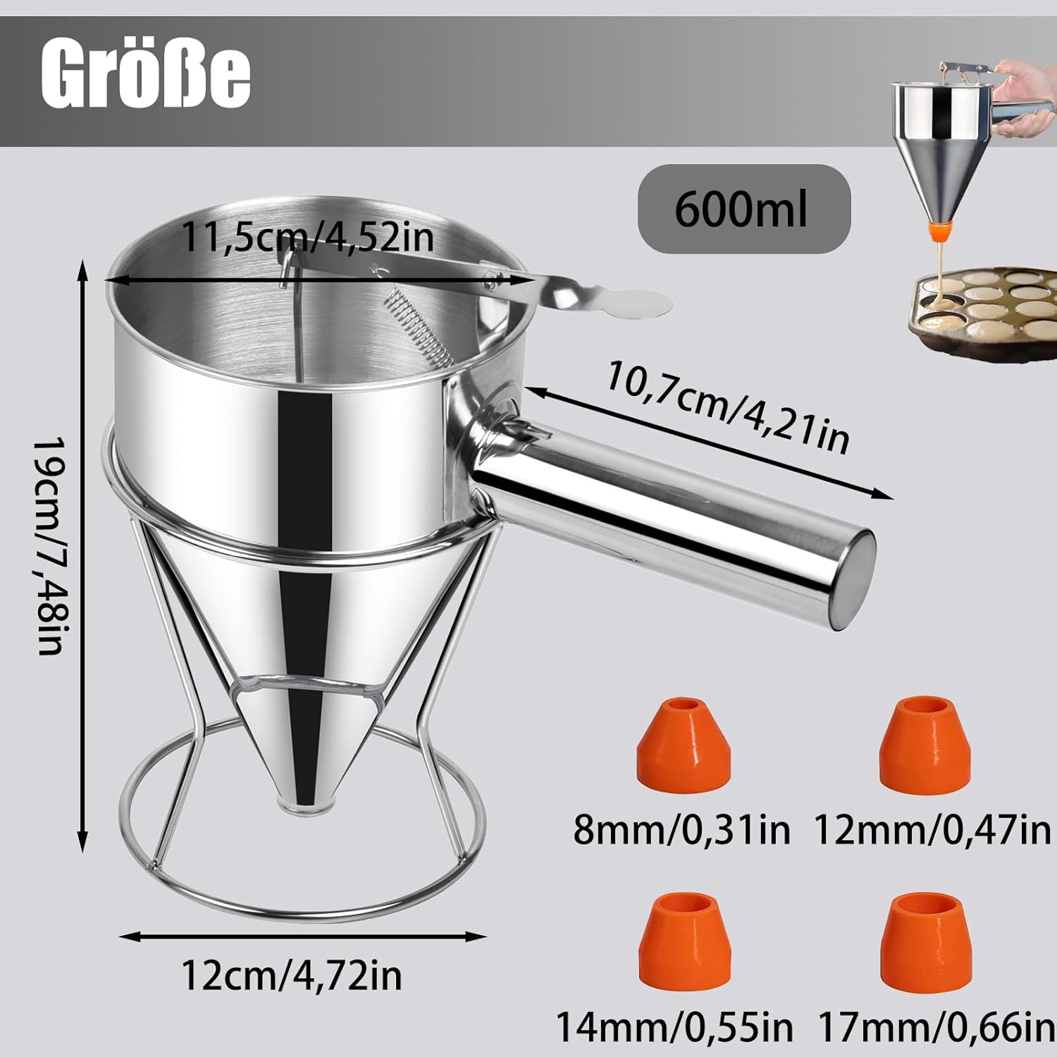 Distributeur de Pâte 600 ml, Entonnoir a Piston Inox, Support et 4 Buses Différentes, Distributeur de Pate pour Les Gâteaux, Entonnoir de Cuisine en Acier Inoxydable pour, Crêpes, Gâteaux