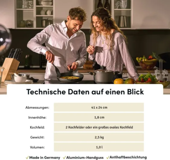 Plancha Teppanyaki 41x24 cm I avec Poignées Latérales I Compatible Induction I Grill Barbecue Plaque de Cuisson I Revêtement Antiadhésif I Surface Lisse