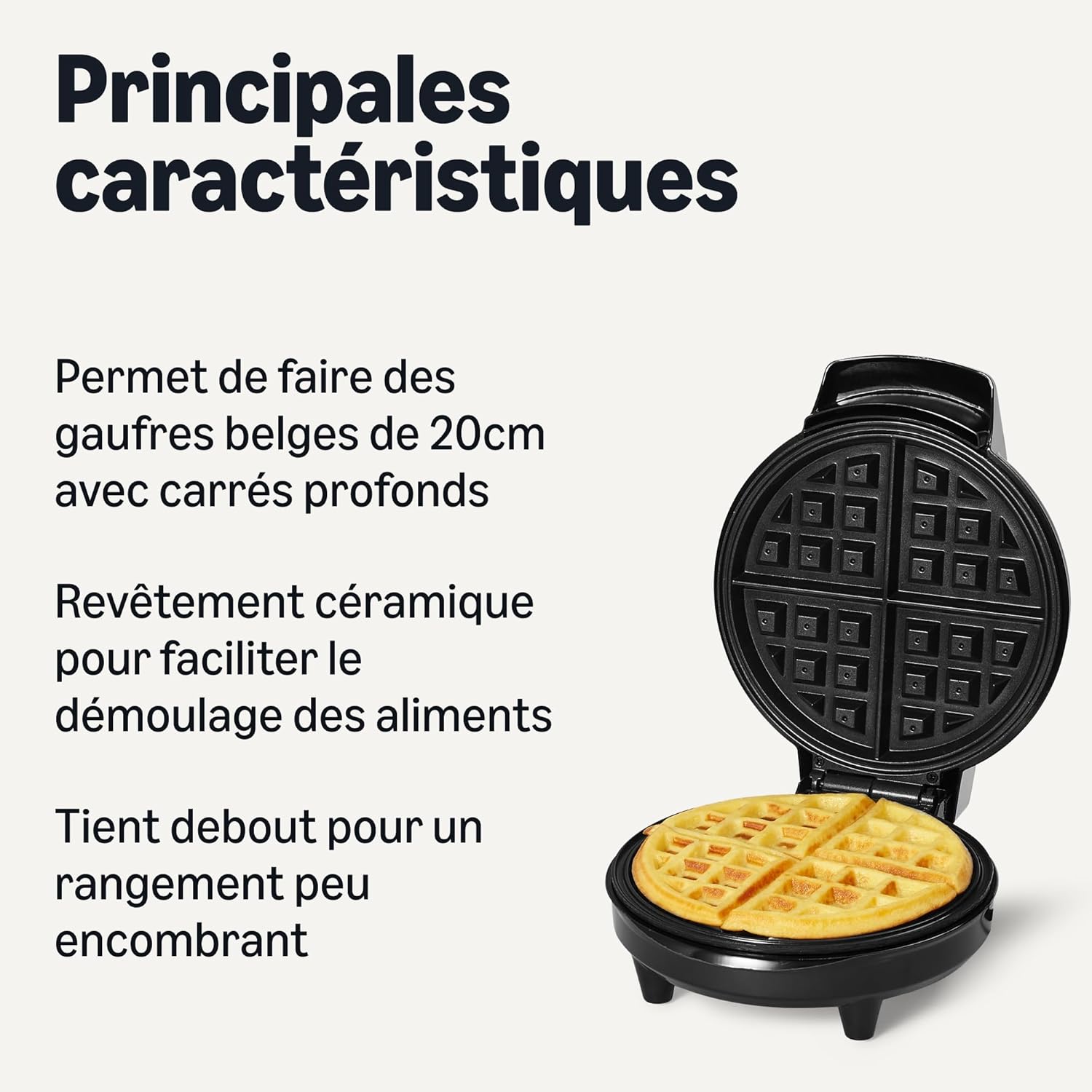 Gaufrier pour Gaufres Belges avec Plaque Antiadhésive Ronde en Céramique de 20cm, Contrôle de la Dorure, Noir Gaufrier 1 Plaque