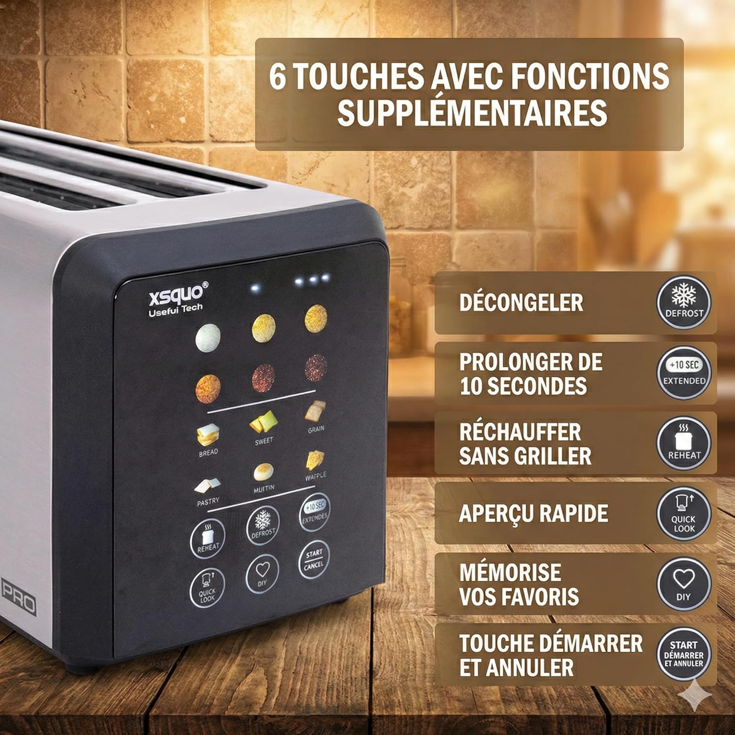 Grille-pain Intelligent "Easy Toast Pro" avec Écran Tactile - Toaster Motorisé (Auto-Lift), Fente Longue 26cm pour Baguette, 6 Modes & Niveaux de Dorage, Compte à Rebours, Inox