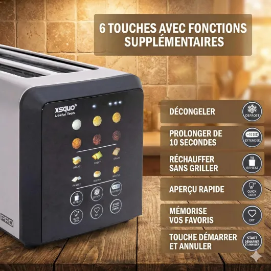 Grille-pain Intelligent "Easy Toast Pro" avec Écran Tactile - Toaster Motorisé (Auto-Lift), Fente Longue 26cm pour Baguette, 6 Modes & Niveaux de Dorage, Compte à Rebours, Inox