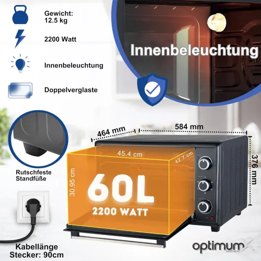 OptimumX Four Électrique 60L XXL à Chaleur Tournante, 2200W, Tournebroche, Lumière Intérieure, 40–230°C, Noir 60 l