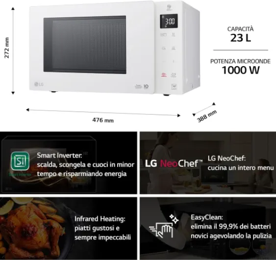 LG MH6336GIH Comptoir Micro-onde combiné 23L 1150W Blanc micro-onde - Micro-ondes (Comptoir, Micro-onde combiné, 23 L, 1150 W, Tactil, Blanc)