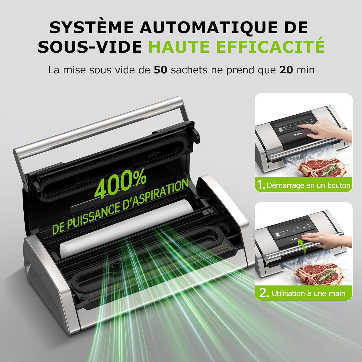 Machine Sous Vide Alimentaire 15 L/min, Avec Clip Pour Sac et Coupe-sac Intégré, Pour La Cuisson Sous Vide et La Préparation des Aliments, Fermeture Rapide Haute Performance-VS5100 Acier Inox Argent