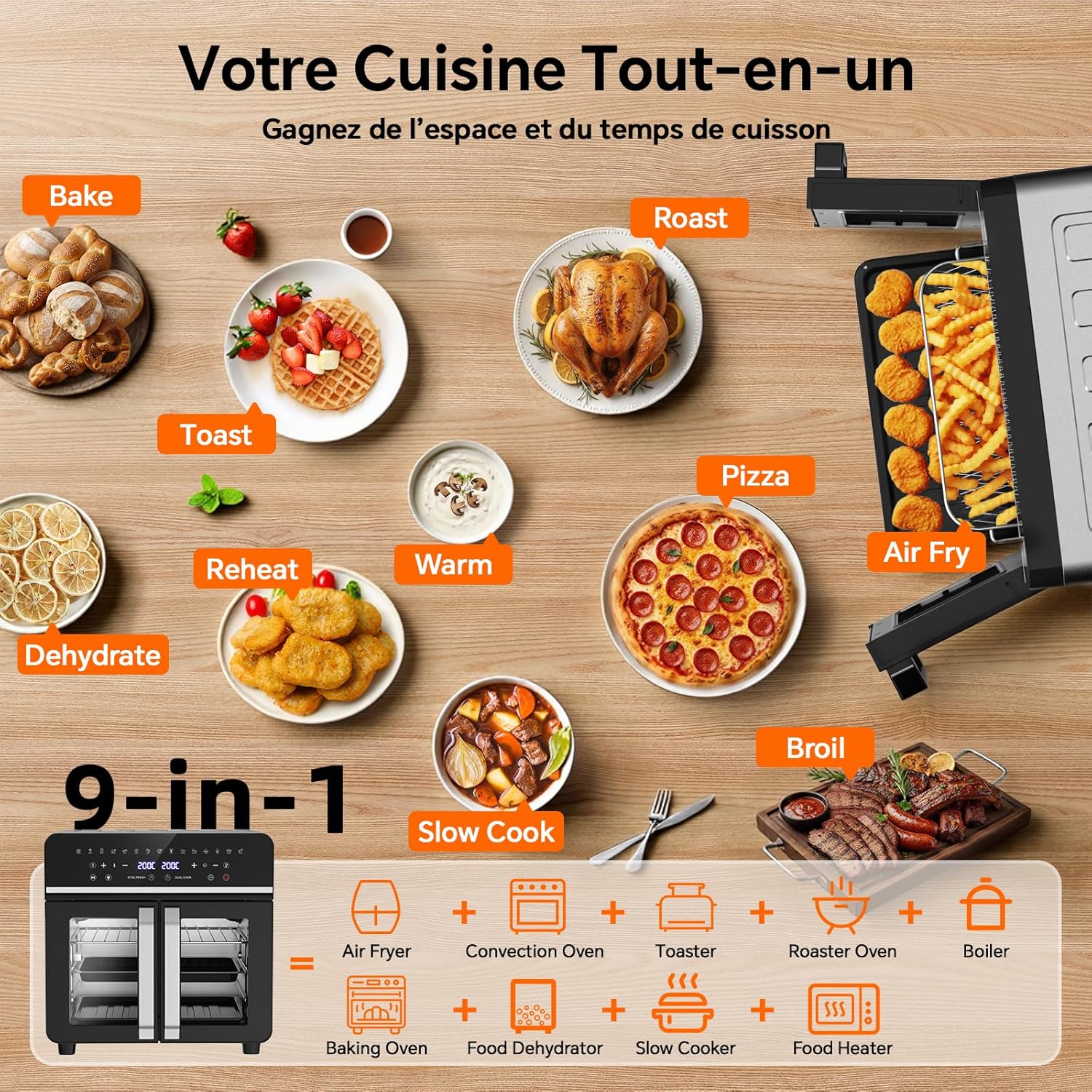 Friteuse sans Huile 23L XXL Mini Four avec Portes Françaises, Air Fryer 2600W Dual Zone avec Smart-Touch, Sync Finish, 15 Programmes, Livre de Recettes & 13 Accessoires Inclus, Corps en Métal 23L Tactile