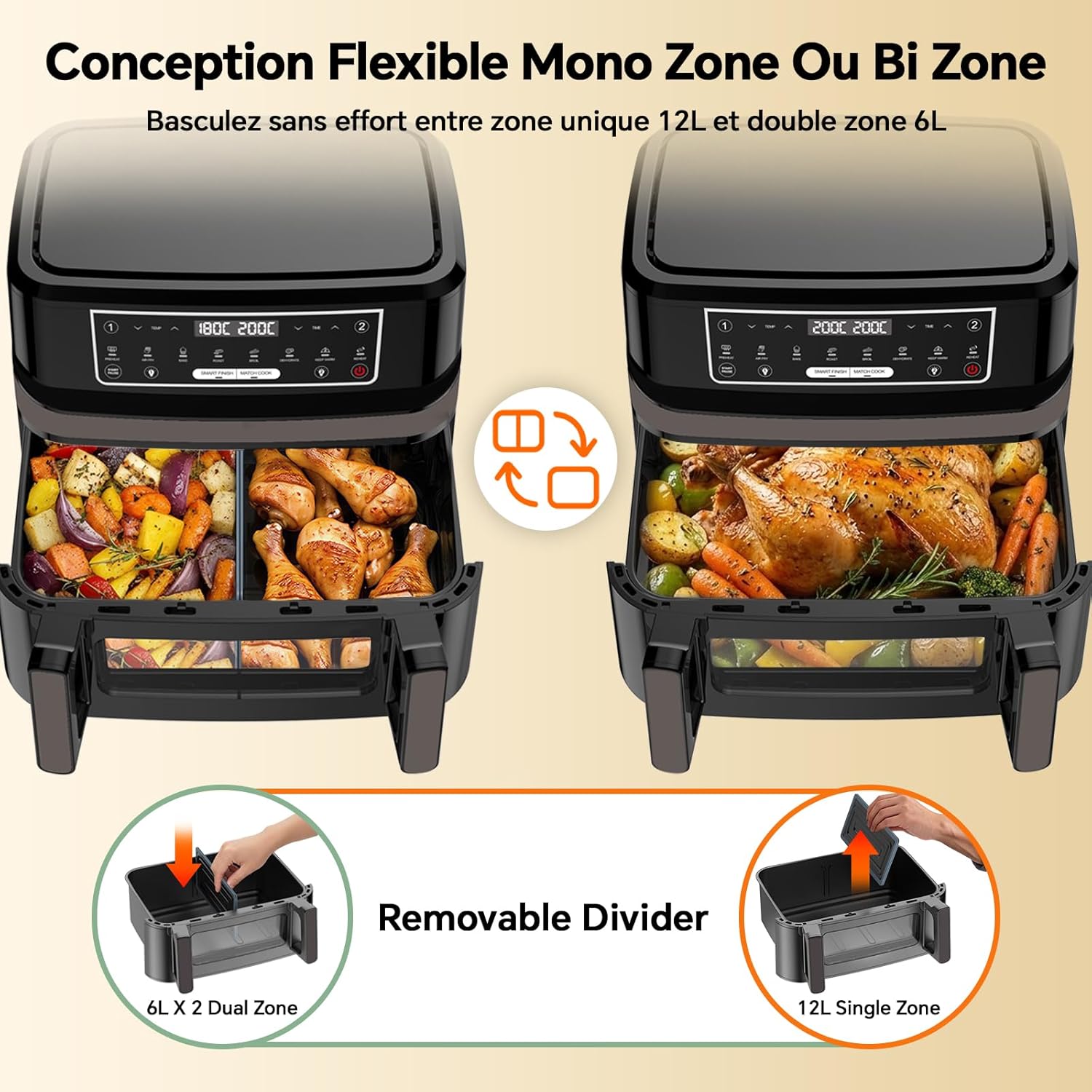 Air Fryer 12L - Friteuse à Air Chaud XXL Mode Flexible 1 ou 2 Zones, 2600W Double Chauffage Contrôle Indépendant Fenêtre et Éclairage, Friteuse sans Huile 2 Compartiments 8-en-1 Écran Tactile Recettes 12.0 L(Black)