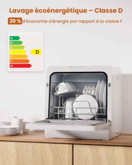 Lave-vaisselle de comptoir 2025 - Amélioré avec adoucisseur d'eau, efficacité énergétique optimale, 8 programmes de lavage, verrouillage enfant et fonction de démarrage différé Noir et Blanc