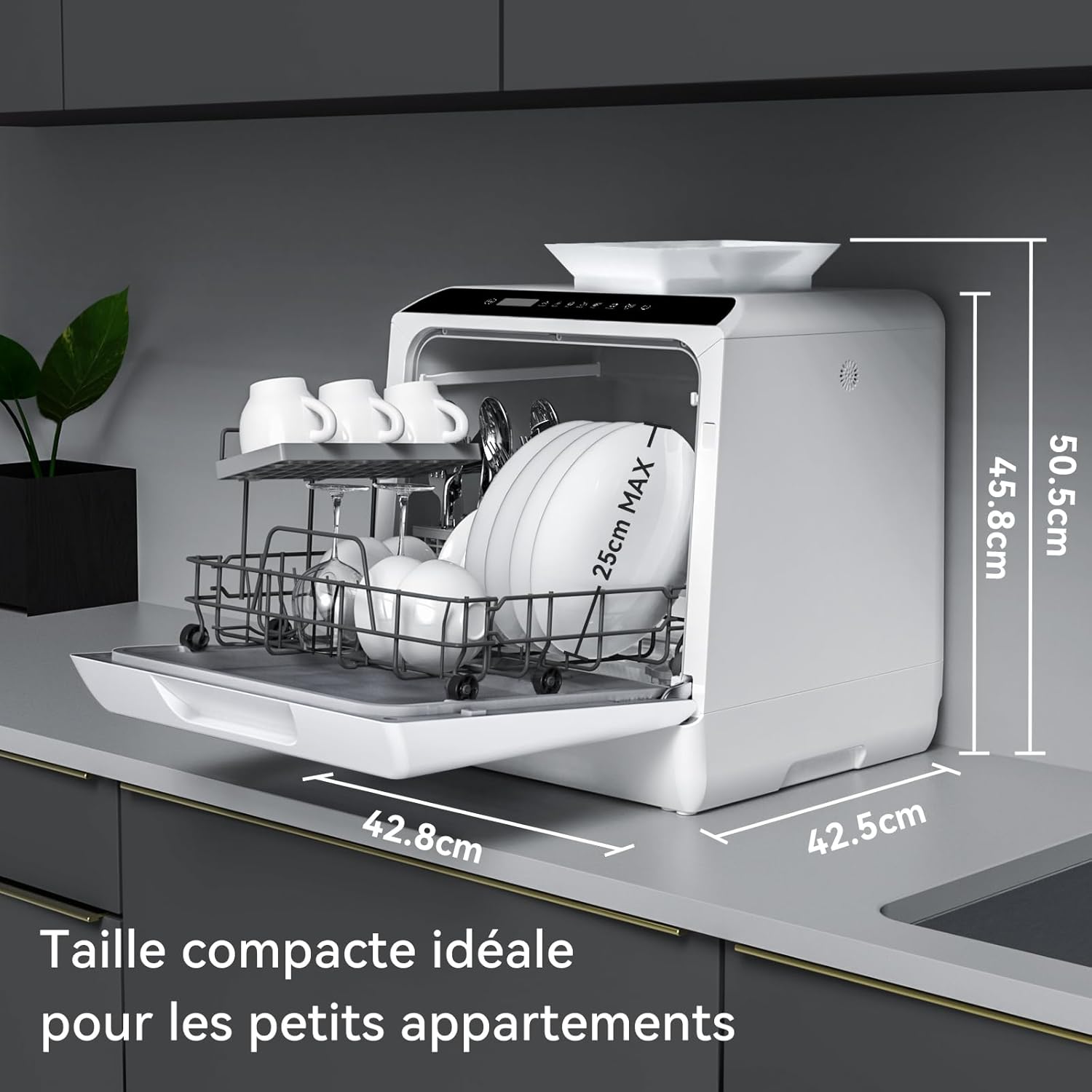 Mini-lave-vaisselle, lave-vaisselle de comptoir, utilisable avec robinet ou sans robinet, largeur de 43 cm, capable de contenir 4 sets, adapté au camping, 175 kWh/an, blanc Porte Pleine