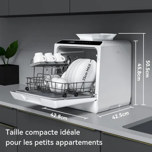 Mini-lave-vaisselle, lave-vaisselle de comptoir, utilisable avec robinet ou sans robinet, largeur de 43 cm, capable de contenir 4 sets, adapté au camping, 175 kWh/an, blanc Porte Pleine