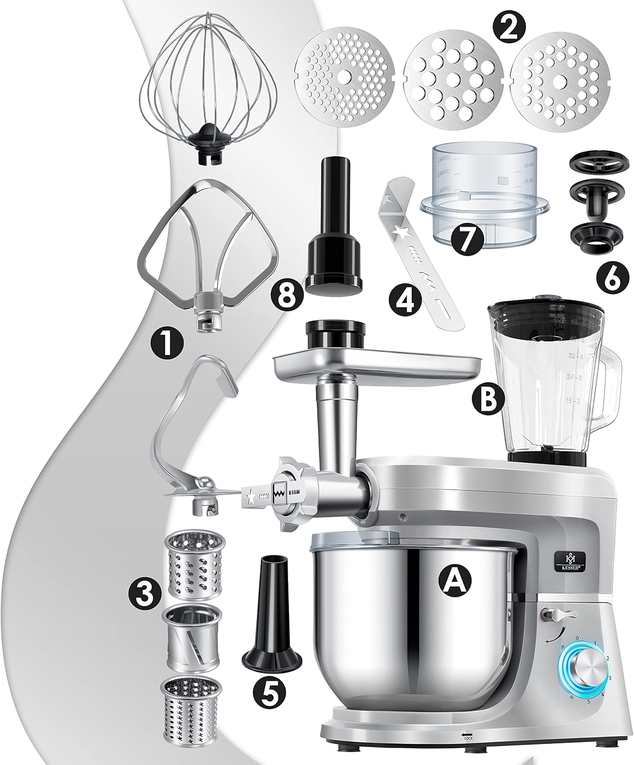 KESSER® Robot ménager universel 3 en 1 K-KM 3 000 avec hachoir à viande, pétrin - Mélangeur multifonction - Extracteur de jus de 1,5 L, Kit pour saucisses, moules pour pâtes et biscuits, argent Silber