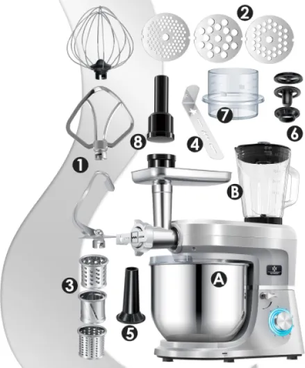KESSER® Robot ménager universel 3 en 1 K-KM 3 000 avec hachoir à viande, pétrin - Mélangeur multifonction - Extracteur de jus de 1,5 L, Kit pour saucisses, moules pour pâtes et biscuits, argent Silber