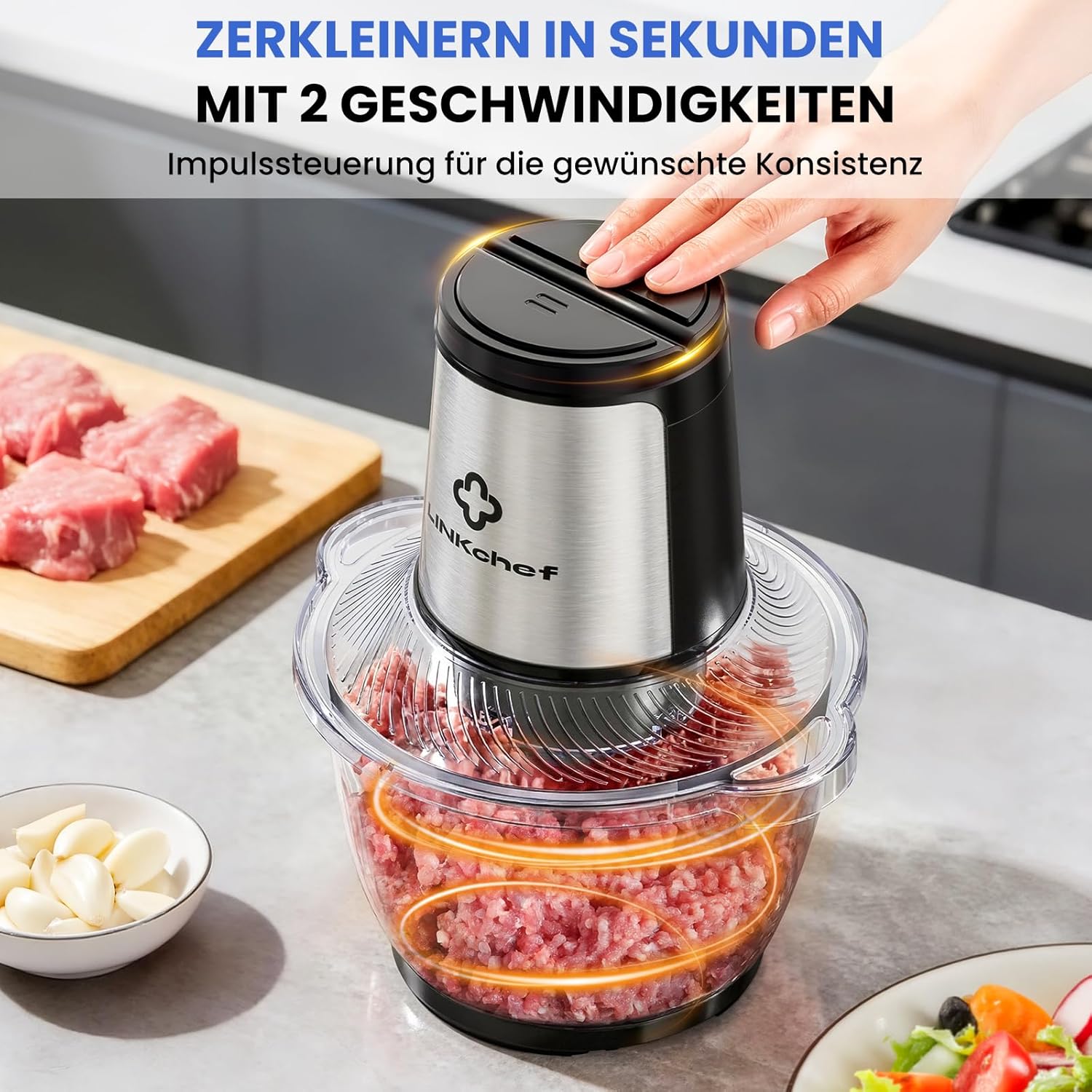 Hachoir électrique, Bol en Verre de 1,5 L, Lames en Acier Inoxydable à 3 Niveaux, 2 Vitesses, Mixeur Hachoir pour Viande, Fruits, Légumes et Aliments pour Bébés Argenté