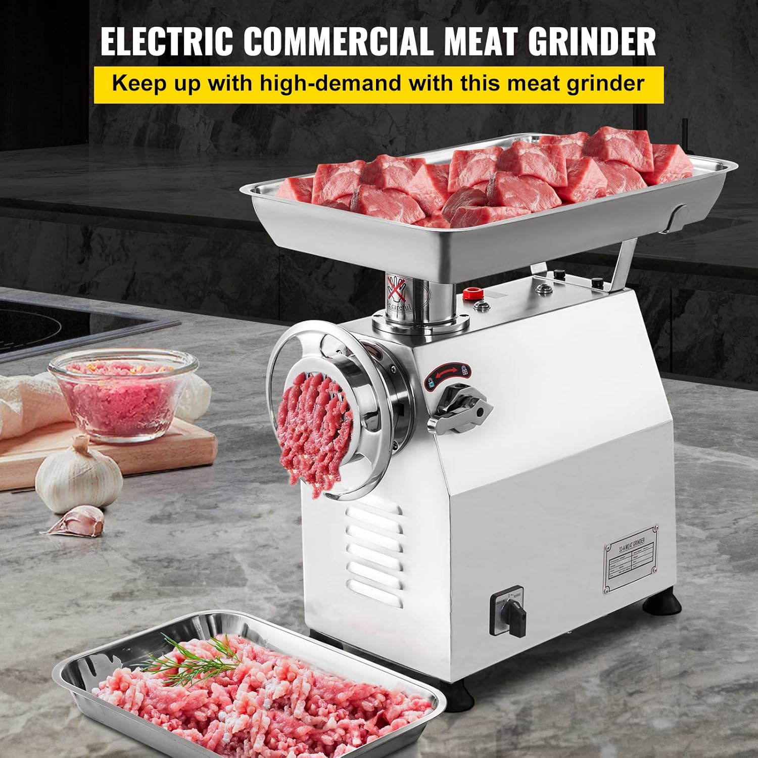 Happybuy Hachoir à Viande Electrique 350kg/H, Hachoir Inox Electrique Commercial Idéal pour Restaurants, Supermarchés, Fast food, Boucheries