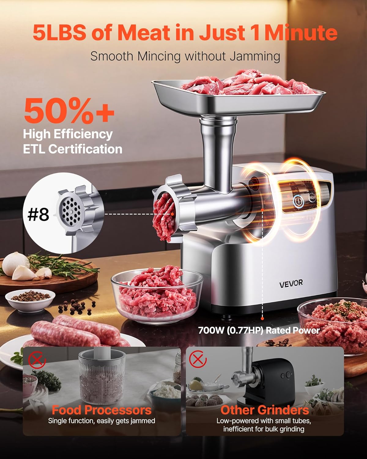 Hachoir à Viande Électrique, Machine à Hacher la Viande 2,3 kg/min, pour Steak Haché Tartare Farce Saucisses Cuisine Maison, 700 W, avec 3 Plaques de Hachage, 3 Entonnoirs et Kit à Kébbé