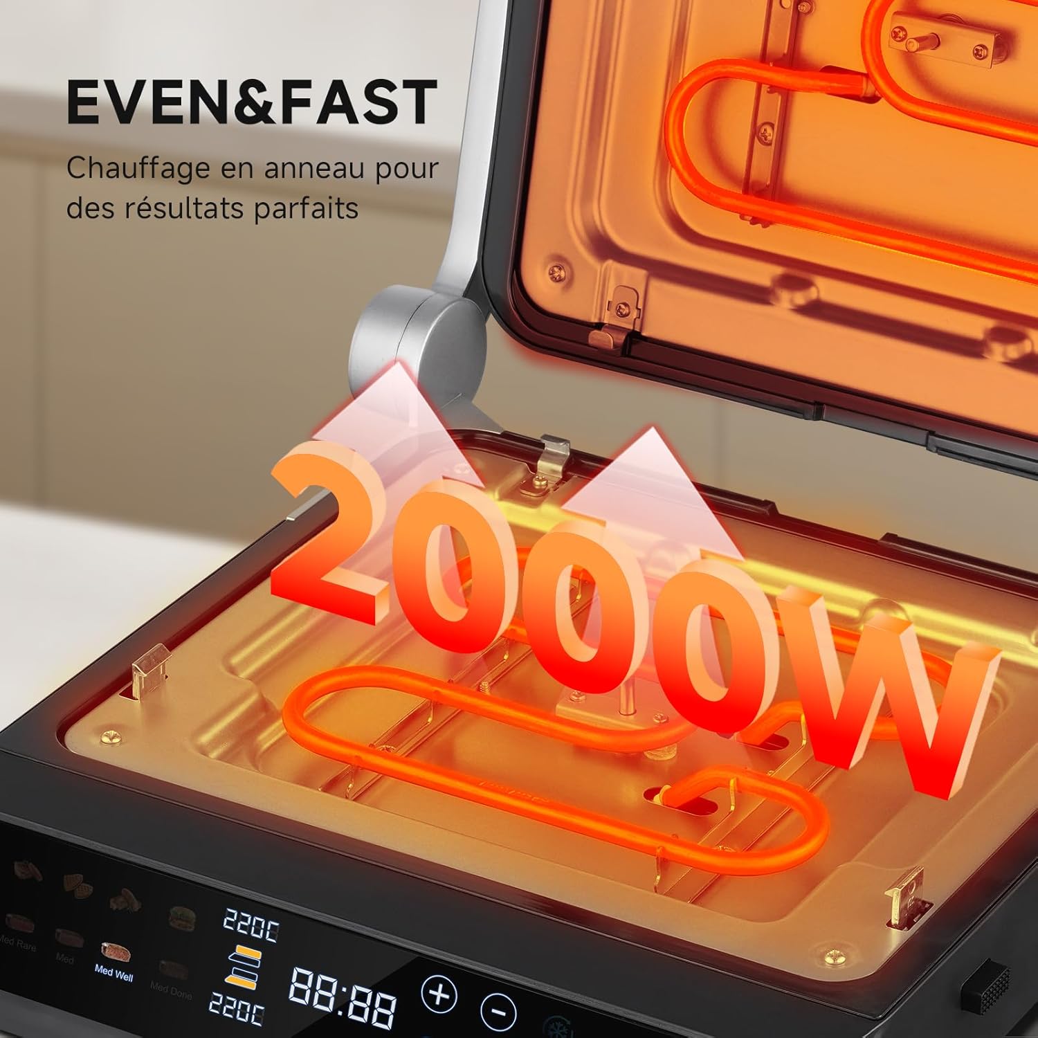 Grill Contact XL 6-en-1 avec Sonde de Température, 280°C GrillBoost, 6 Programmes, Double Zone, Ouverture 180°, Plaques Antiadhésives pour Steak, Panini, Gaufres & Sandwich Noir Vif